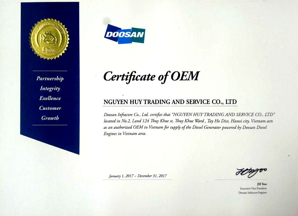 Công ty TNHH TM&DV Nguyễn Huy Chính thức trở thành OEM của Doosan tại Việt Nam